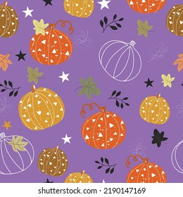 Pumpkin with ornament on violet background seamless pattern