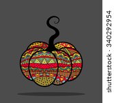 Pumpkin ornate bright label. Design element with ethnic pattern. Autumn harvest decorative object for card or menu. Vector file is EPS8.