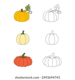 Pumpkin outline coloring page kids book vector Illustration. Halloween pumpkin outline isolated on white background. Hand drawn pumpkin. Autumn harvest. Sketch of a pumpkin. Vegetable doodle.