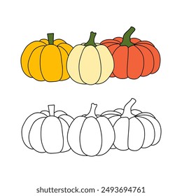 Dibujo para colorear de calabaza para niños Ilustración vectorial de libro. Contorno de calabaza de Halloween aislado sobre fondo blanco. Calabaza dibujada a mano. Cosecha de otoño. Boceto de una calabaza. Garabato vegetal.