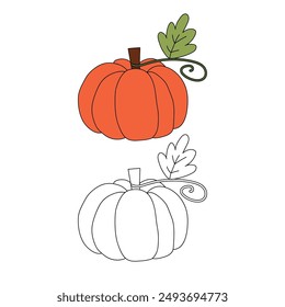 Pumpkin outline coloring page kids book vector Illustration. Halloween pumpkin outline isolated on white background. Hand drawn pumpkin. Autumn harvest. Sketch of a pumpkin. Vegetable doodle.