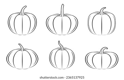 Pumpkin outline icon set. Doodle pumpkins. Halloween, thanksgiving, autumn or harvest symbols. Cute cartoon vegetables. Gourd collection. Vector illustration.