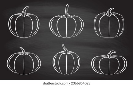 Juego de iconos de esquema de calabaza. Calabazas de perro dibujando con tiza sobre el fondo de la pizarra. Símbolos de Halloween, acción de gracias, otoño o cosecha. Verduras frescas. Colección de gourd. Ilustración vectorial.