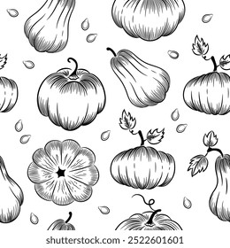 Pumpkin outline seamless pattern. Pumpkins of various shapes. Hand-drawn sketch. Vector background in white, black color. Print for paper, packaging, fabric.