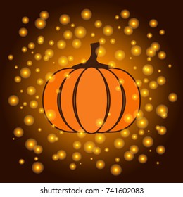 Pumpkin over dark shiny background for seasonal greeting card or Halloween party invitation, vector illustration. Fall background