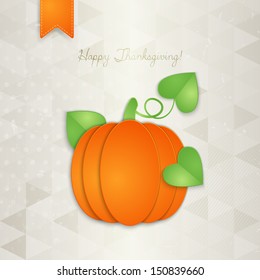 Pumpkin over vintage geometrical background. Thanksgiving greeting card design. Vector illustration