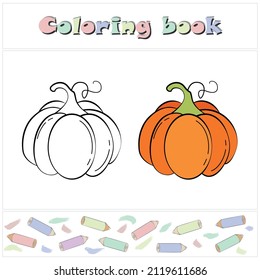 Pumpkin. A page of a coloring book with a colorful vegetables and a sketch for coloring. Preschool education. Cartoon style. Vector illustration for children, eps