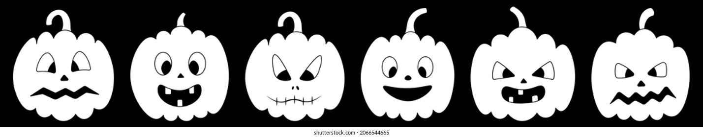 Pumpkin. Pale faces. Ghostly silhouette of a vegetable. Vector collection with a variety of white grimaces. Set of illustrations. Angry, smiling, scared. Isolated black background. Halloween symbol. 