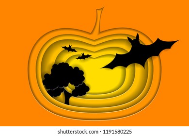 Pumpkin from paper layers, bats against the background of the full moon and a tree silhouette. Vector EPS10