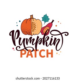 Pumpkin patch handwritten phrase. Modern brush ink calligraphy. Hand lettering, doodle style illustration of pumpkin with seeds and leaves for card, poster, emblem, banner, logo. Autumn mood. Vector 