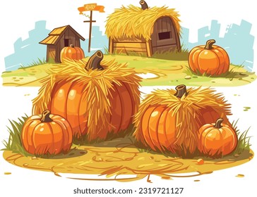 Pumpkin Patch with Hay Bales clip art 