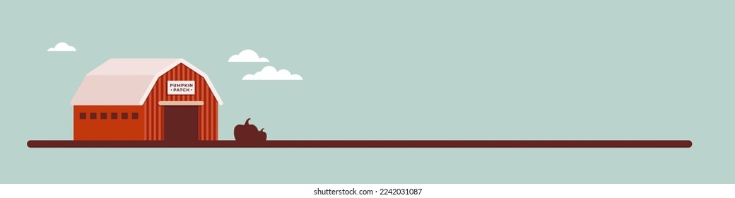Pumpkin patch landscape. Building farm with pumpkins. Autumnal activities. Horizontal banner. Vector illustration, flat design
