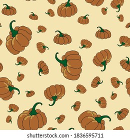 Calabazas de parche de calabaza flotando en el fondo amarillo un diseño de superficie repetida vectorial sin fisuras