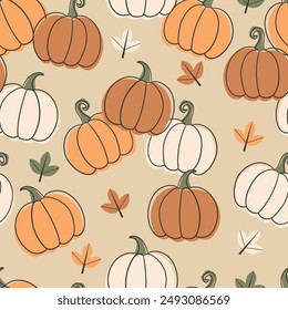 Pumpkin patch seamless pattern October autumn fall season nature illustration wallpaper background backdrop decorative textile print fancy design