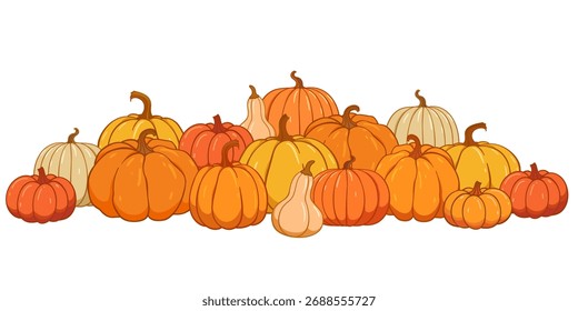 Conjunto de vetor de retalho de abóbora. Um monte de abóboras de outono. Moldura de abóbora desenhada à mão, borda em diferentes cores e formas.