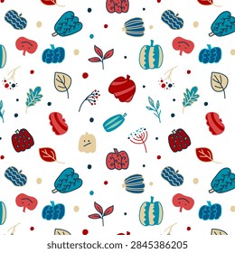 Pumpkin pattern. Autumn background. Funny hand drawn red blue isolated squash leaves. Fall season holiday cute seamless illustration in cartoon style