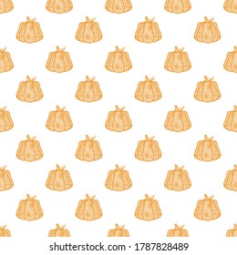 Pumpkin pattern in doodle style. Halloween. Decorative vector seamless textile ornament. Drawing lines. Autumn symbol for the celebration. Vegetables for fabrics, covers, postcards, wrapping paper.