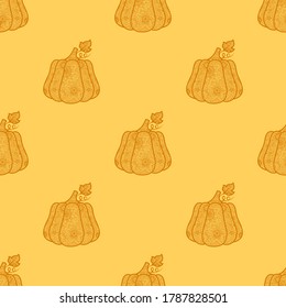 Pumpkin pattern in doodle style. Halloween. Decorative vector seamless textile ornament. Drawing lines. Autumn symbol for the celebration. Vegetables for fabrics, covers, postcards, wrapping paper.