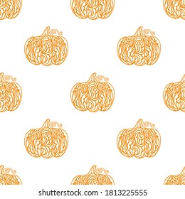 Pumpkin pattern in doodle style. Thanksgiving day. Halloween. Decorative vector seamless textile ornament. Drawing lines. Autumn symbol. Vegetables for fabrics, covers, postcards, wrapping paper.