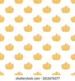 Pumpkin pattern in doodle style. Thanksgiving day. Halloween. Decorative vector seamless textile ornament. Drawing lines. Autumn symbol. Vegetables for fabrics, covers, postcards, wrapping paper.