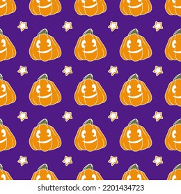 Pumpkin pattern with a face for Halloween. a seamless pumpkin pattern with a smiling face in orange-purple with stars and a white outline is often placed jack lantern