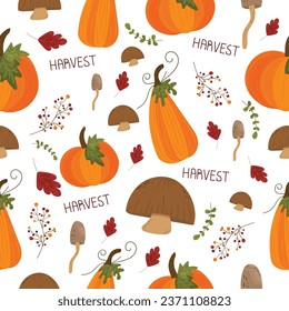 Pumpkin pattern. Flat style, lettering harvest. Pumpkins with green leaves. Warm orange shades. Brown mushrooms, twigs with berries. For wallpaper, festive textiles.