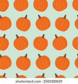 Pumpkin pattern. Hand drawing pumpkin on a light green background. Vector illustration for fabric, packaging, wrapping paper, halloween design