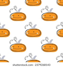  Patrón de calabaza, boceto dibujado a mano vegetal sobre fondo blanco. Collage de Halloween de Acción de Gracias por papel de envoltura, menú, papel pintado, empaque, textil. Cosecha otoñal. Vector de color de calabaza.