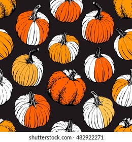 Pumpkin pattern including seamless on black background. Hand drawn pumpkin vector. Pumpkin patch.