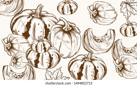 Pumpkin pattern line art Vector. Autumn fall harvest decor