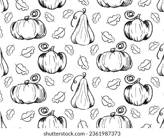 Pumpkin pattern, line drawn with a brush, doodle illustration, seamless pattern, on a transparent background. Design for packaging and textiles, vector