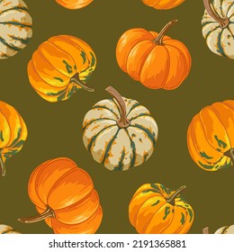 Pumpkin pattern on khaki background in cartoon style for print and design. Vector illustration.