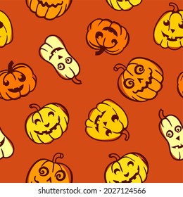 Pumpkin pattern on an orange background. Halloween. Vector illustration in a flat style.