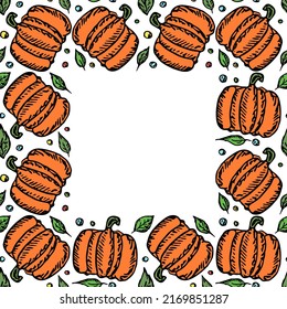 Pumpkin pattern with place for text. Seamless doodle vector with pumpkin icons. Vintage pumpkins pattern