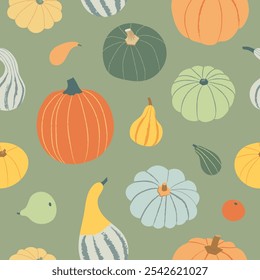 Pumpkin pattern vector illustration. Variety of gourds and squashes on green background in modern flat style. Autumn harvest vegetables cute design for textile, print