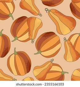 Pumpkin pattern. Vector seamless pattern on peachy background.