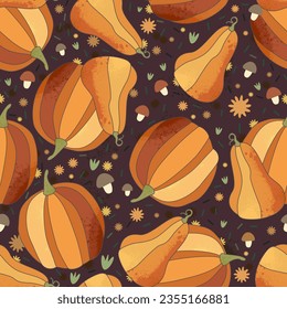 Pumpkin pattern. Vector seamless pattern on dark brown background.