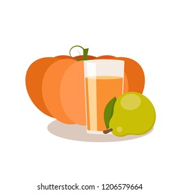 pumpkin and pear juice.  Drink with taste of pear in a glass beaker. Vector illustration.