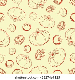 Pumpkin, peppers, onions and tomatoes will make up your healthy diet, vegetables, vector, illustration, bell pepper, pumpkin, tomato, omion, contour, background, vitamins, pattern, seamless pattern