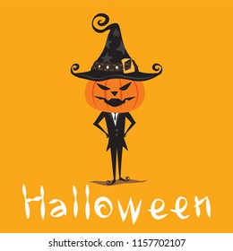 The pumpkin picture design put on a black dress with a cartoon theme and the word Halloween on an orange background.