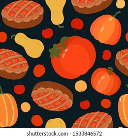 Pumpkin pie apples seamless pattern. Bright orange pumpkins on dark background. Fun wallpaper. Harvest theme. Squash melon vegetables. Thanksgiving day card. Surface design or wallpaper filling.