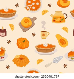 Pumpkin pie background. Pumpkin slice, candle,  whole pie, piece of pie, teapot. Seamless pattern for paper, packaging, fabric, wallpaper.