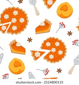 Pumpkin pie background. Pumpkin slice, whole pie, piece of pumkin. Seamless pattern for paper, packaging, fabric, wallpaper.