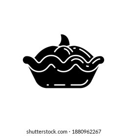 Pumpkin pie black glyph icon. Traditional autumn season pastry. Halloween and thanksgiving meal silhouette symbol on white space. Vegan food, delicious pastry with gourd. Vector isolated illustration