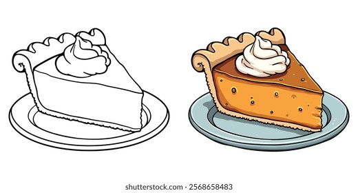 Pumpkin Pie Black and White Line Art Vector Illustration. Food and Snacks Coloring Pages for Adults and Kids.