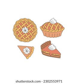 Pumpkin pie cake vector clip-art set isolated on white. Autumn bakery hand drawn illustration collection. Happy Thanksgiving Day treats design elements