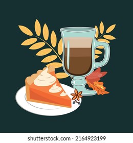 Pumpkin pie with coffee. Autumn menu. High quality vector illustration.
