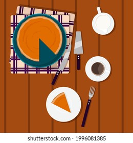 Pumpkin pie and coffee. A meal break with coffee and pastries. Autumn pastries. 