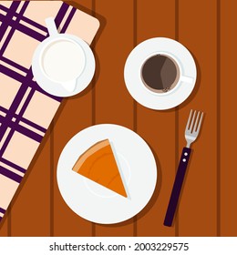 Pumpkin pie and coffee. A meal break with coffee and pastries. Autumn pastries. 