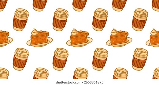Pumpkin Pie Coffee Seamless Pattern. Pumpkin pie slices with whipped cream and takeaway coffee cups in a cozy autumn pattern. Flat cartoon style, warm palette, seamless on white background.